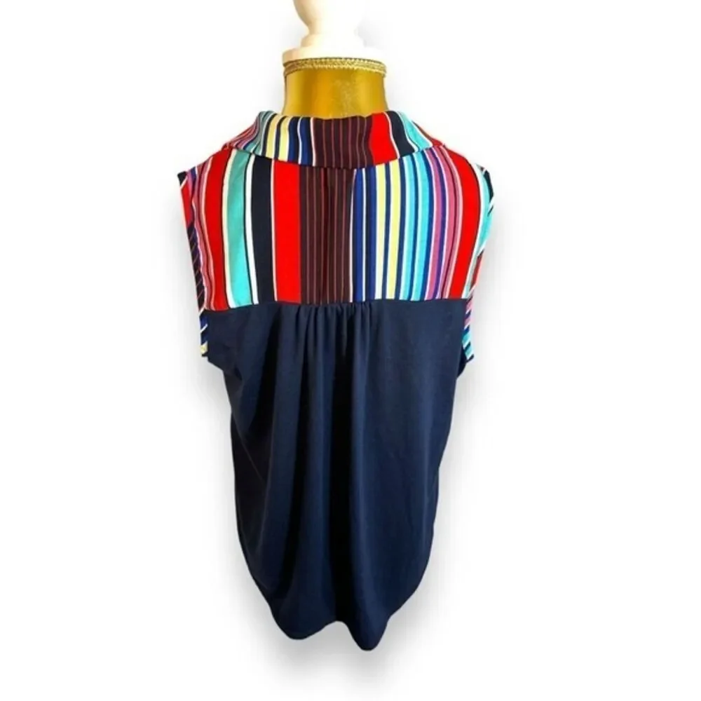 Perseption Womens Blue Striped Sleeveless Collared VNeck Button Top sz L Beachy - Picture 3 of 4
